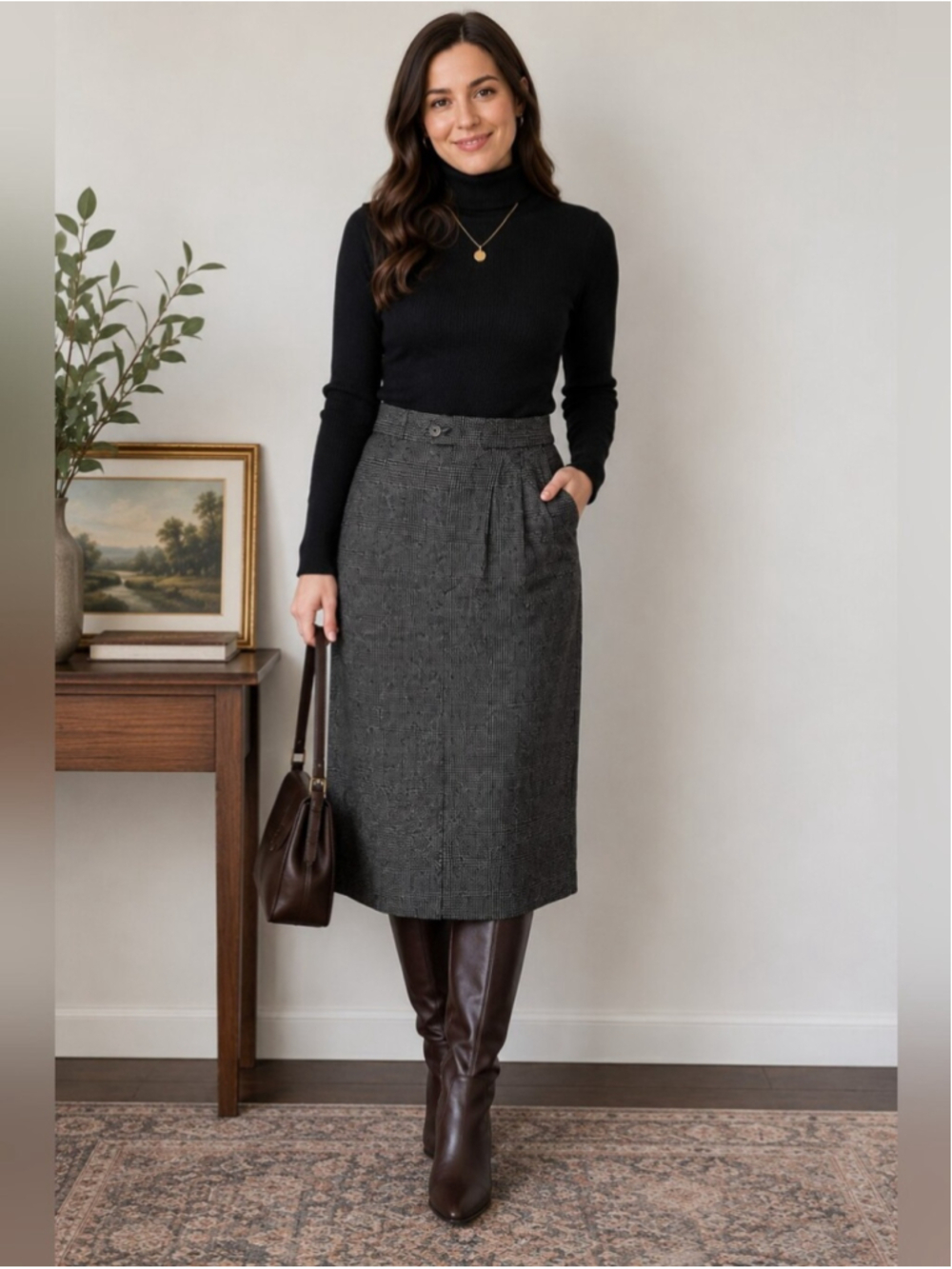Lord Isaacs Black White Plaid Wool Blend Midi Pencil Skirt Size S